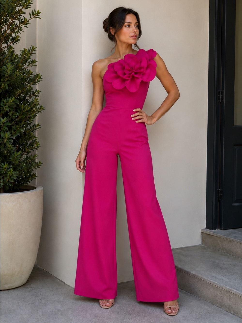 64- NEW‎ Hot Pink Floral One-Shoulder Wide Leg Jumpsuit Elegant Party Look